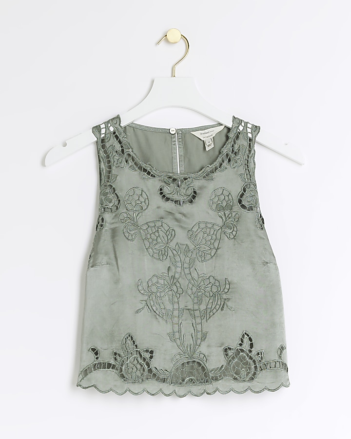 Khaki embroidered cut out tank top