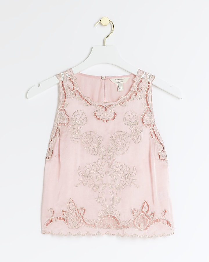 Pink embroidered cut out tank top