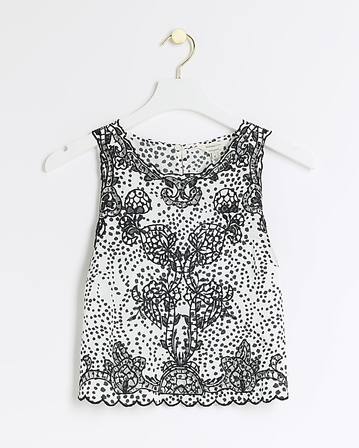 Black spot embroidered Cut out Tank Top