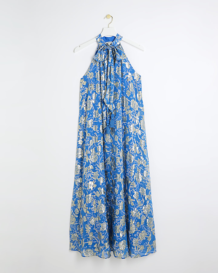 Blue floral glitter shift maxi dress