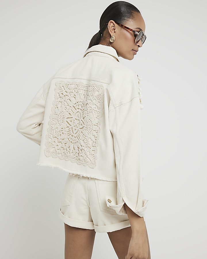 Beige embellished crochet denim jacket