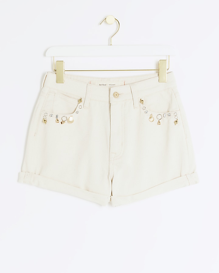 Beige embellished denim shorts