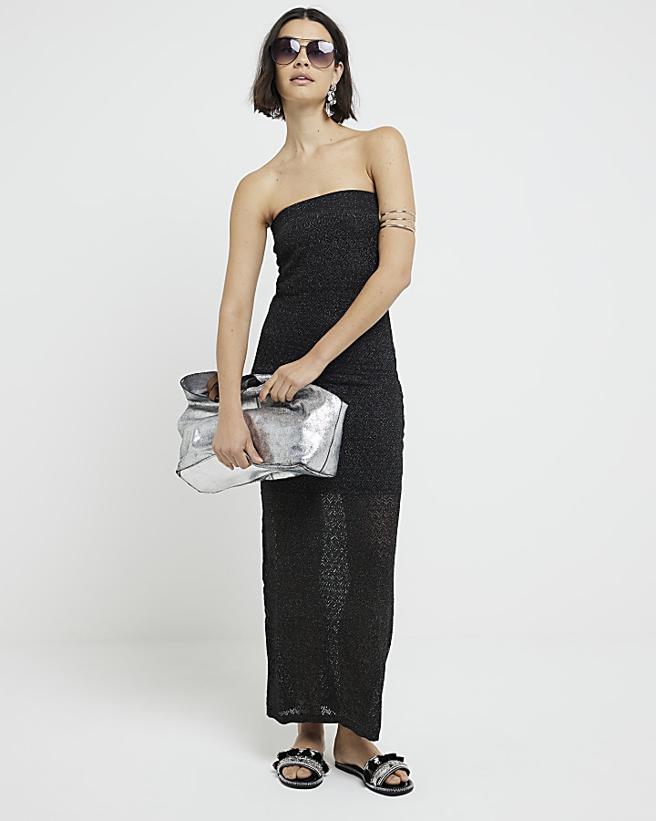 Black knitted glitter bandeau maxi dress