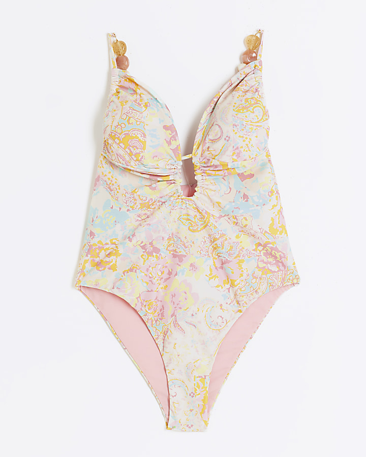 Pink Paisley Print Plunge Beaded Swimsuit