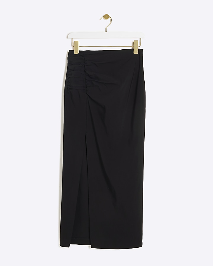 Black Ruched Side Midi Skirt