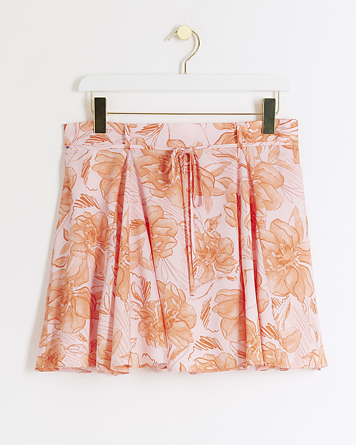 Pink floral tie waist mini skirt