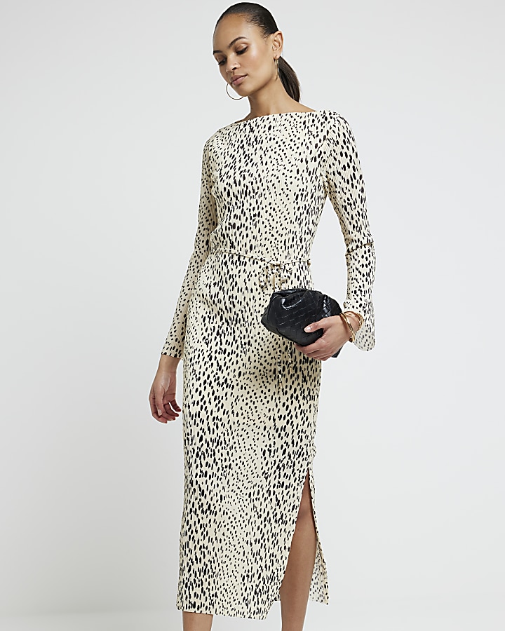 Beige plisse leopard print bodycon midi dress