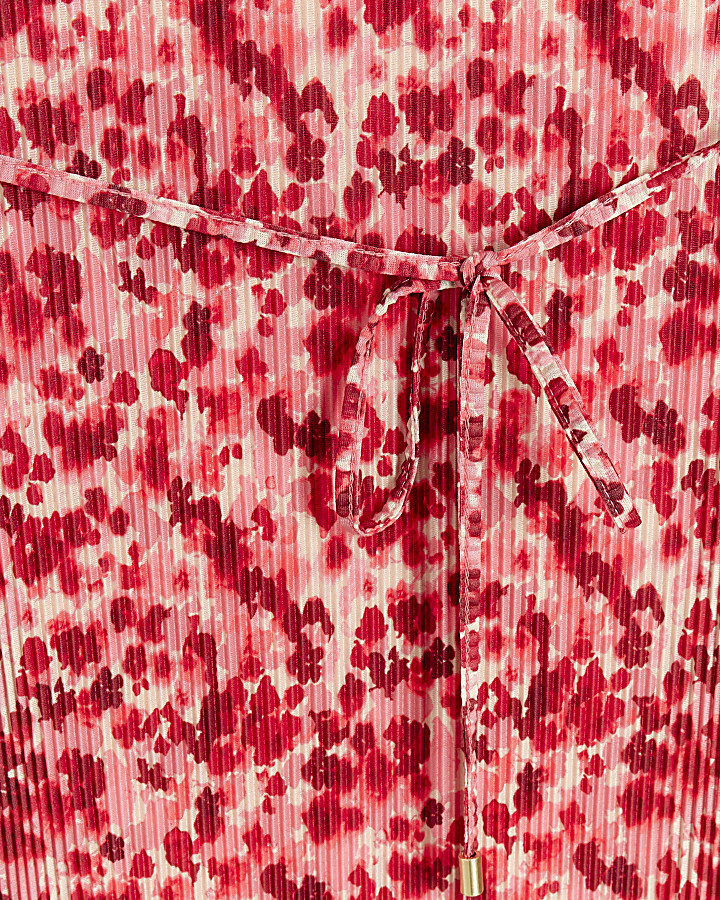 Pink plisse floral bodycon midi dress