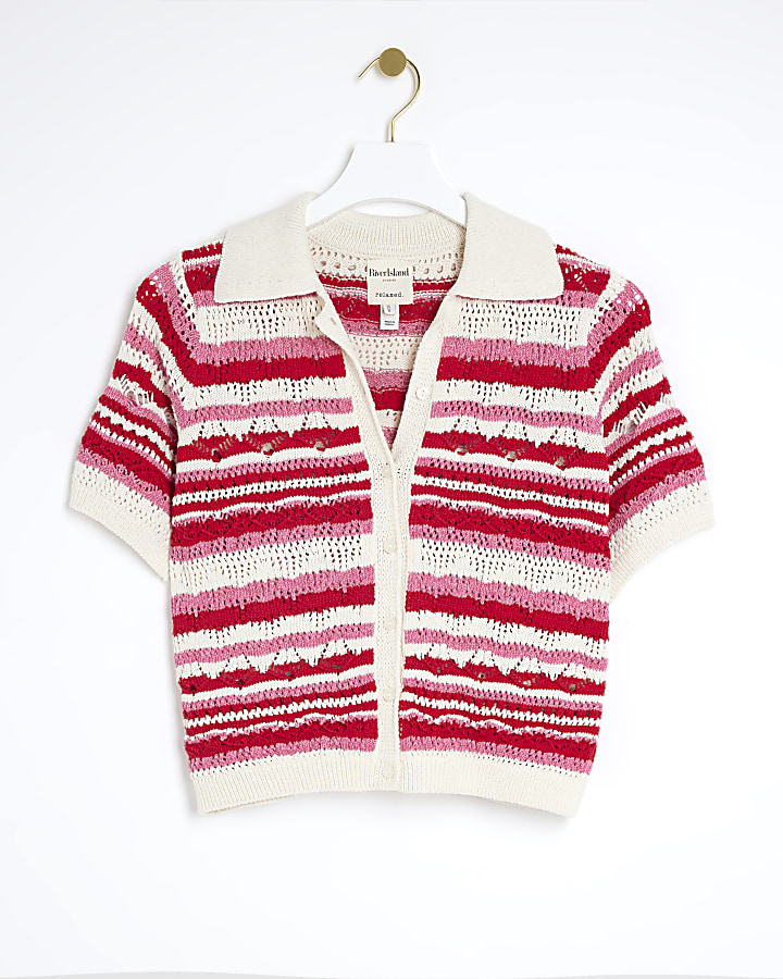 Pink crochet stripe polo top
