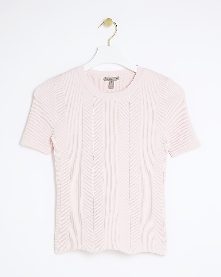Pink ribbed knit t-shirt