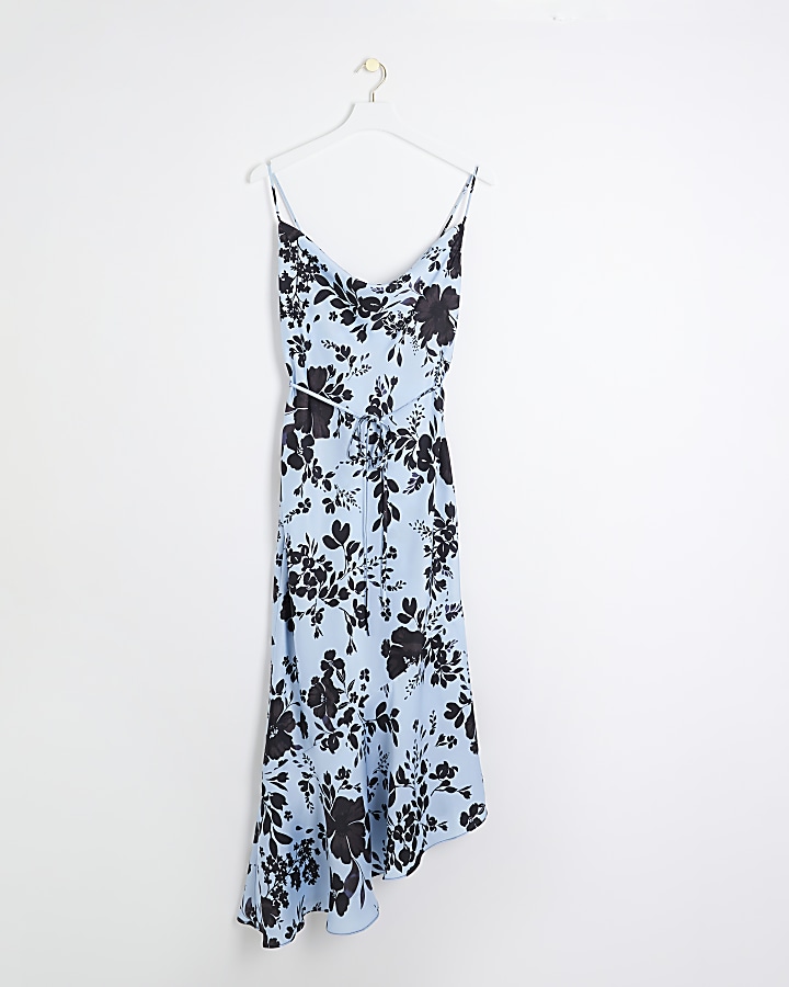 Blue floral asymmetric midi slip dress