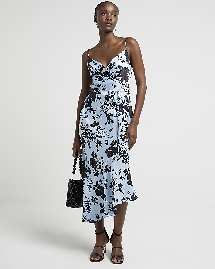 Blue floral asymmetric midi slip dress