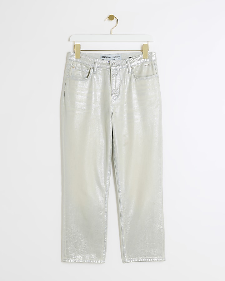 Silver stove pipe straight coated jeans