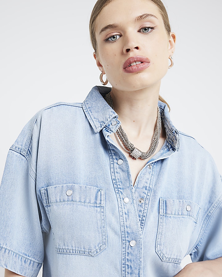 Blue Denim Cropped Boxy Shirt