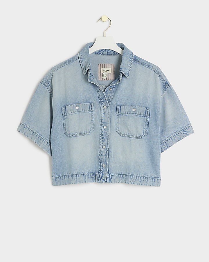 Blue Denim Cropped Boxy Shirt