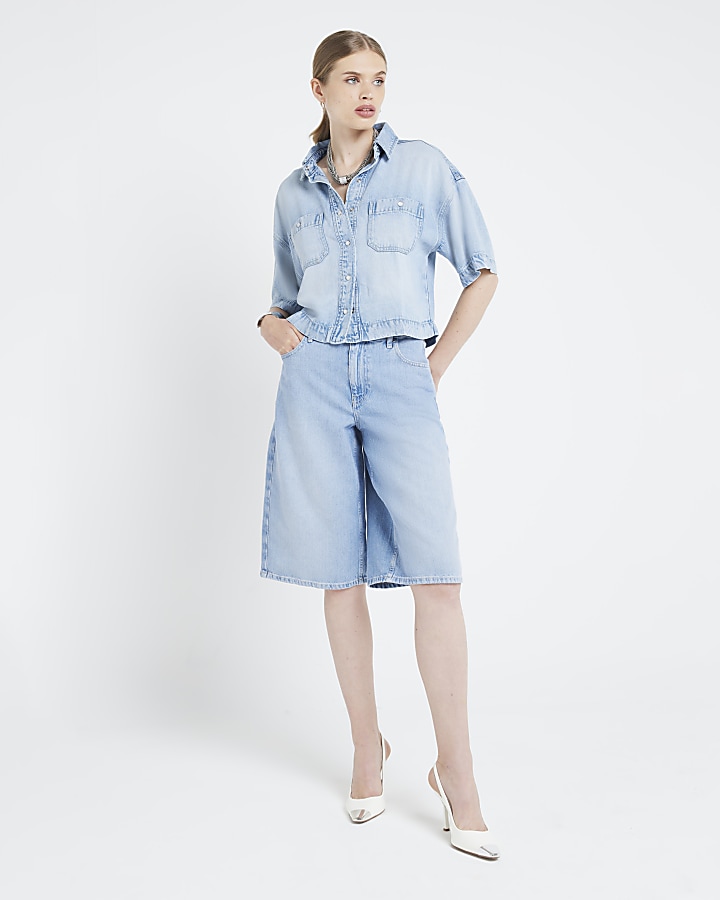 Blue Denim Cropped Boxy Shirt