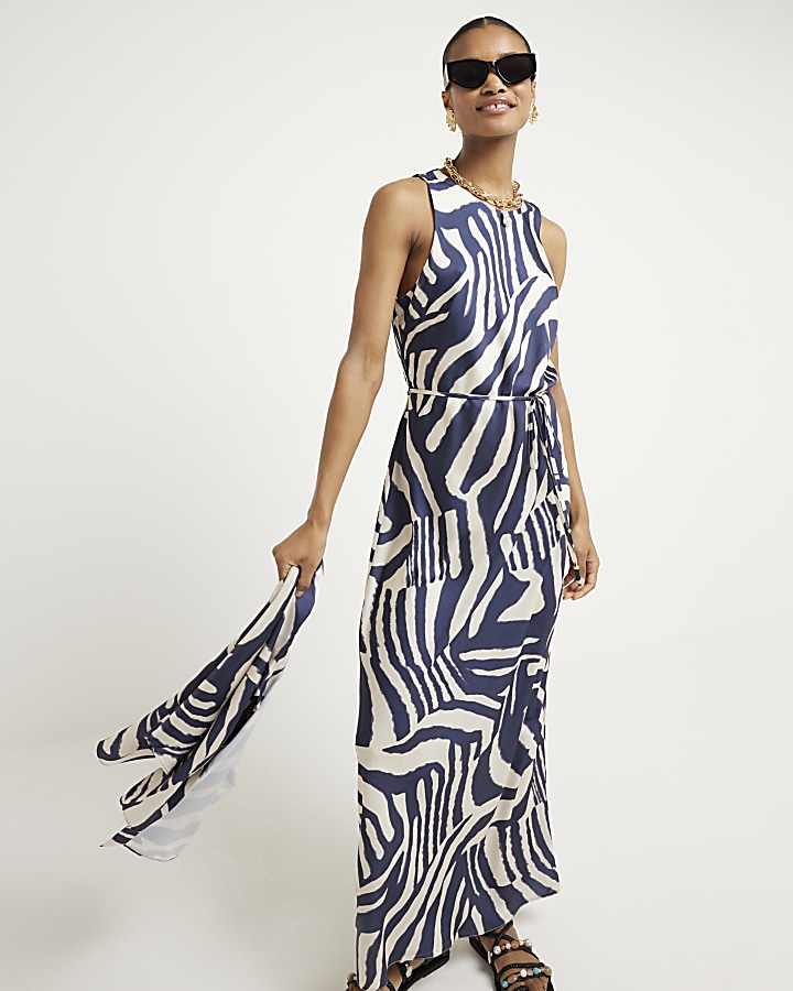 Navy satin animal print slip maxi dress