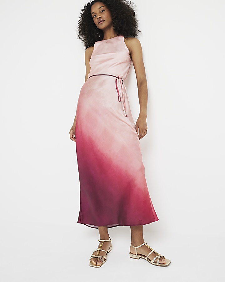Pink belted ombre slip maxi dress