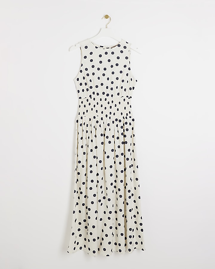 Cream linen blend spot smock midi dress