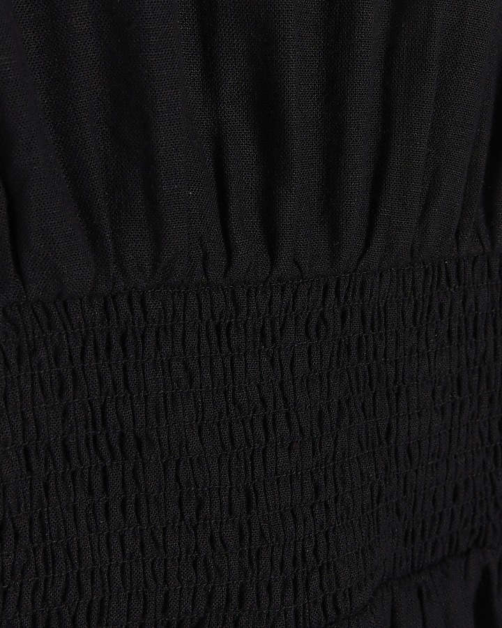 Black linen blend Waisted Smock Top