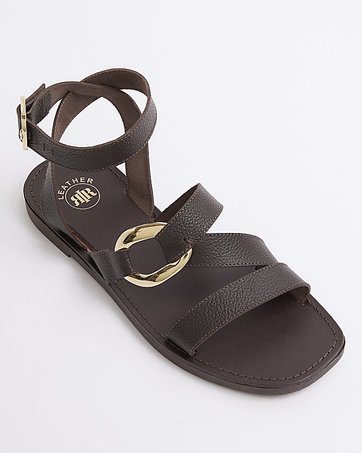 Brown leather hardware gladiator sandals