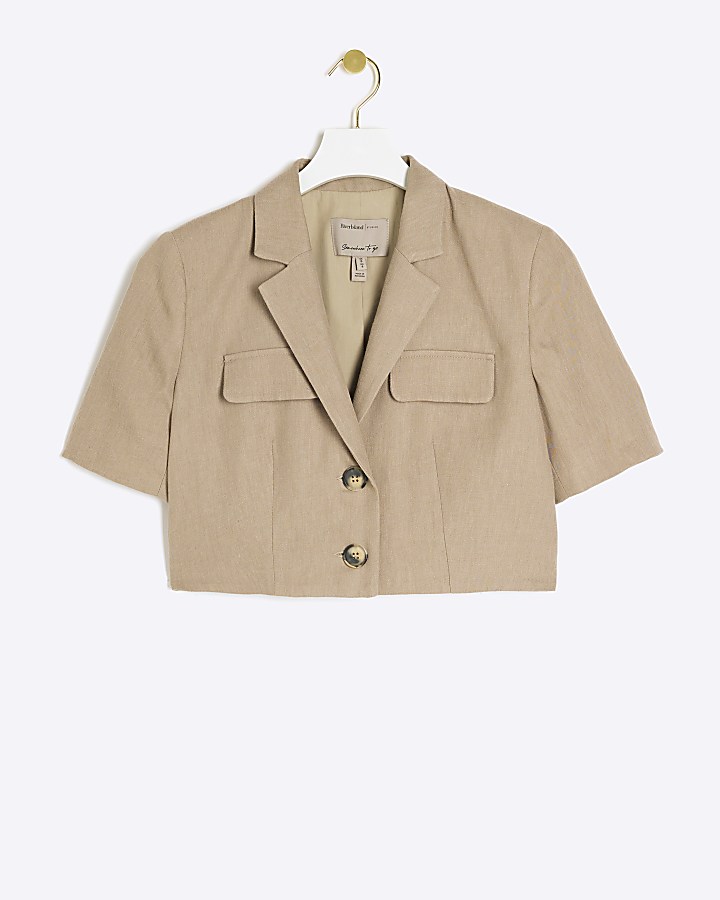 Beige linen blend crop jacket