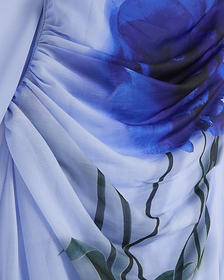 Blue mesh floral bodycon midi dress