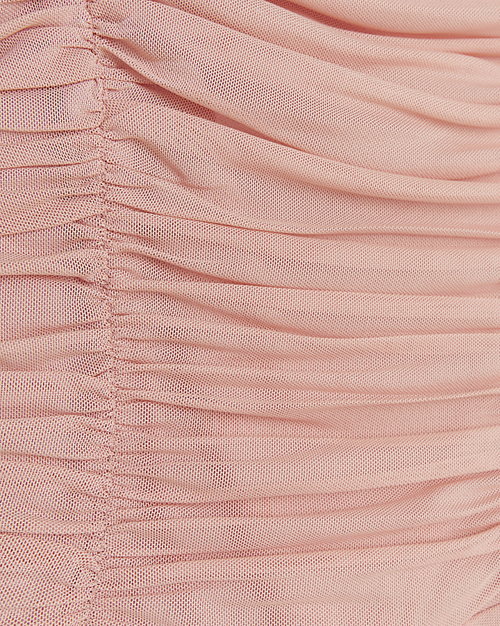 Pink mesh ruched bodycon midi dress