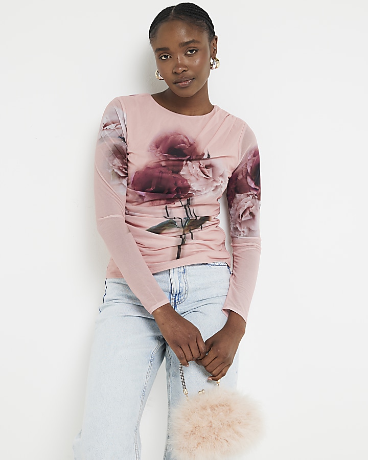 Pink chiffon floral long sleeve top