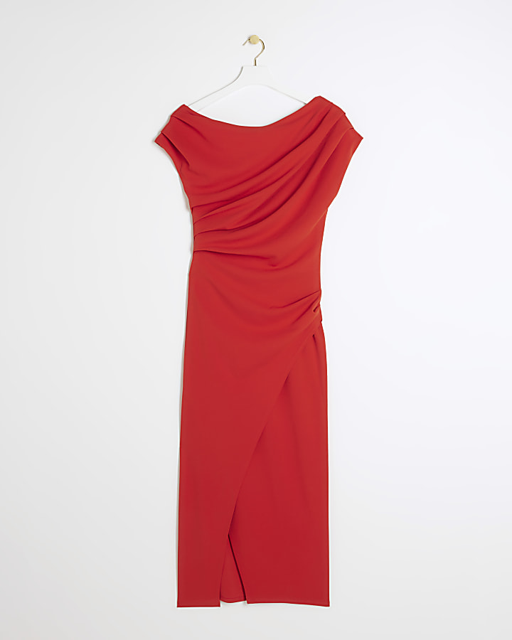Red asymmetric drape wrap midi dress