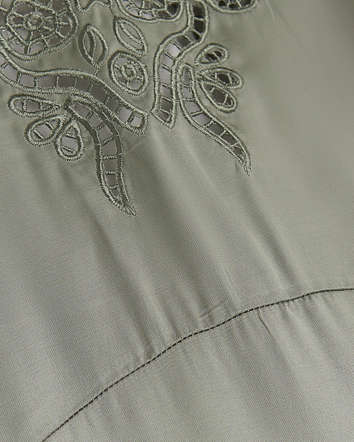 Khaki embroidered slip midi dress