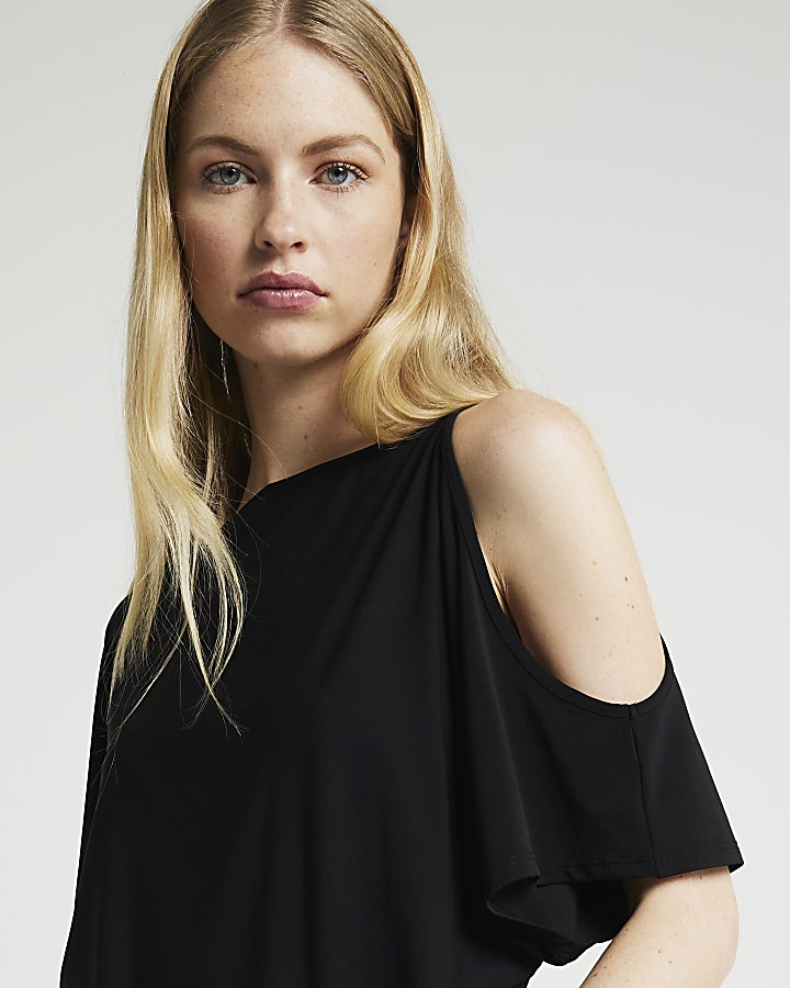 Black ruched cut out sleeve top River Island
