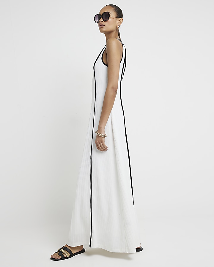 White ribbed taped swing maxi dress