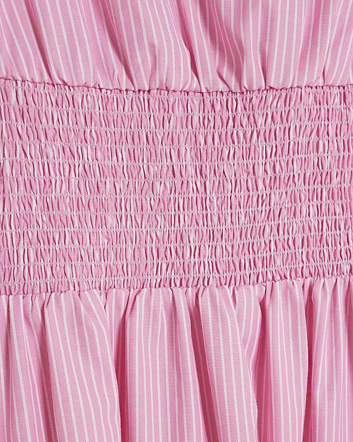 Pink stripe shirred waisted skater midi dress