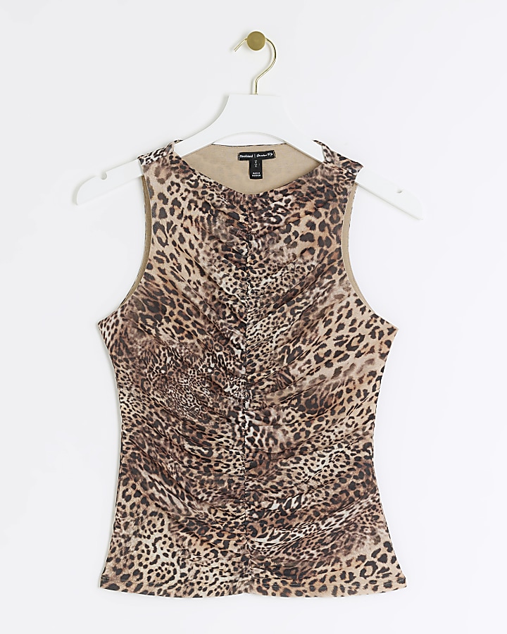 Brown leopard print ruched tank top