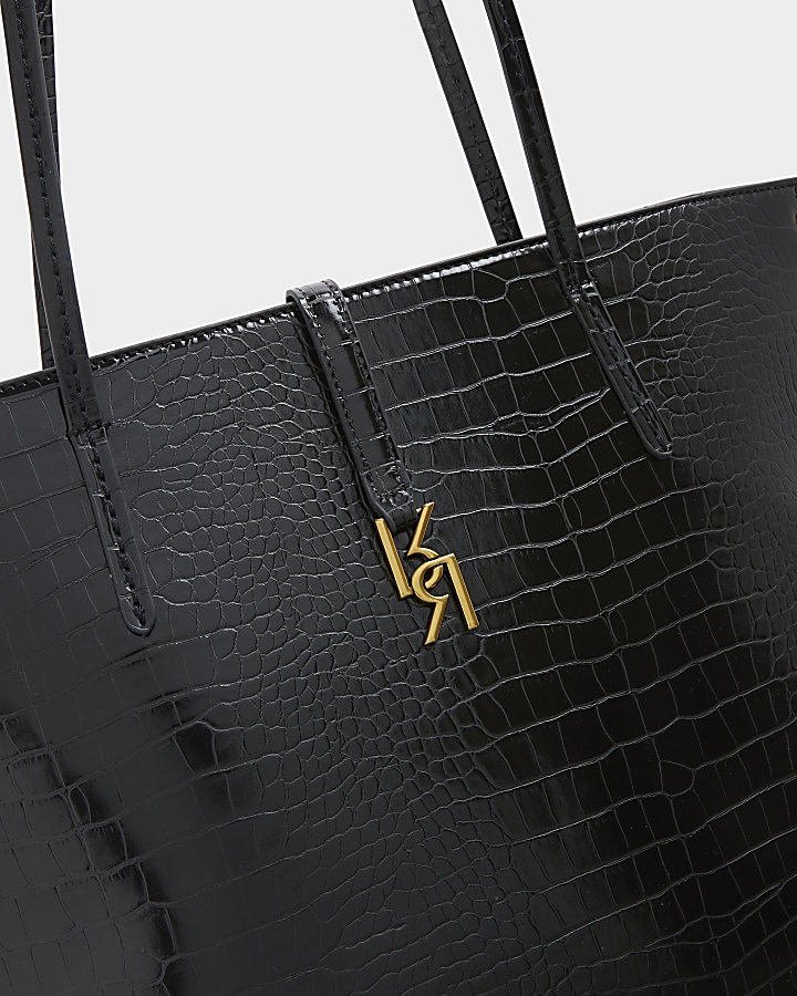 Black croc embossed tote bag River Island