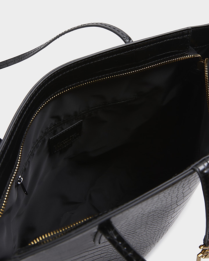 Black croc embossed tote bag River Island