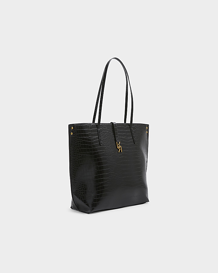 Black croc embossed tote bag River Island
