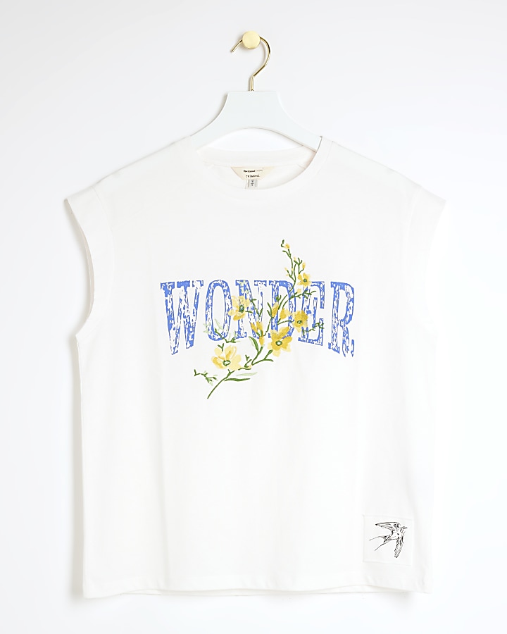 Cream floral graphic rib cuff t-shirt