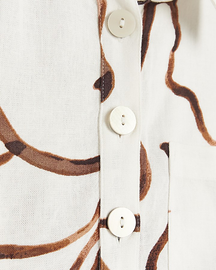 Brown linen blend abstract crochet trim shirt
