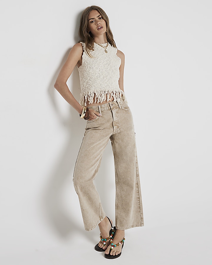 Beige relaxed straight cropped jeans