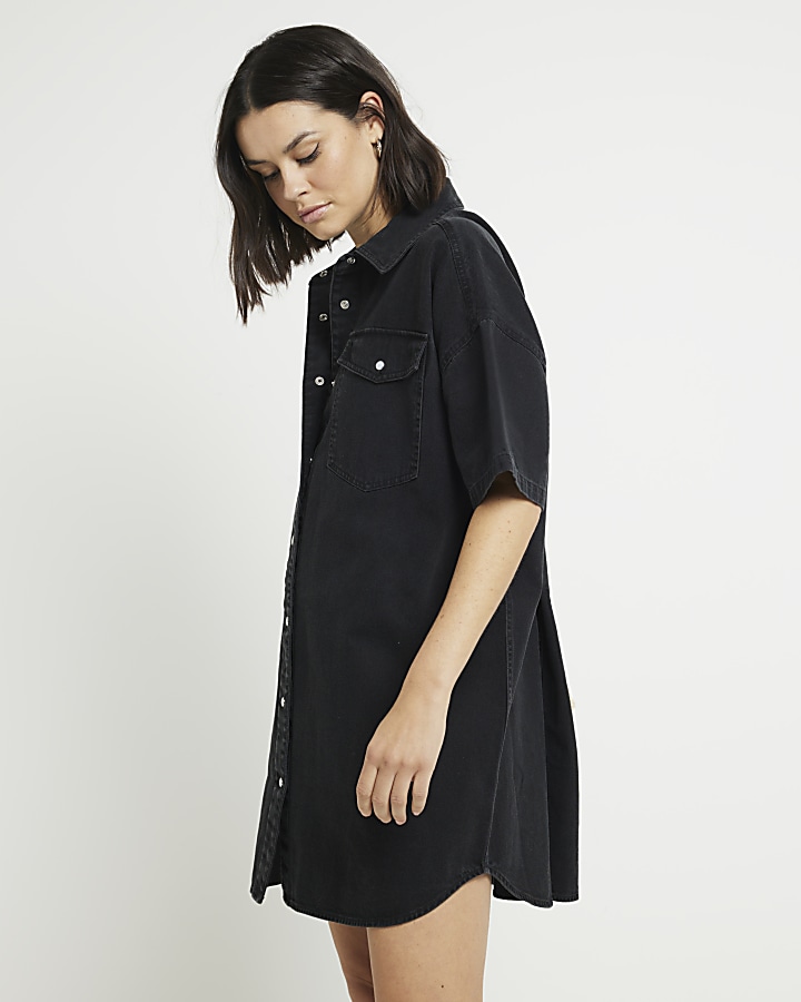 Black Denim Mini Shirt Dress