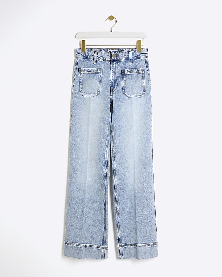 Blue high waisted flared wide leg jeans