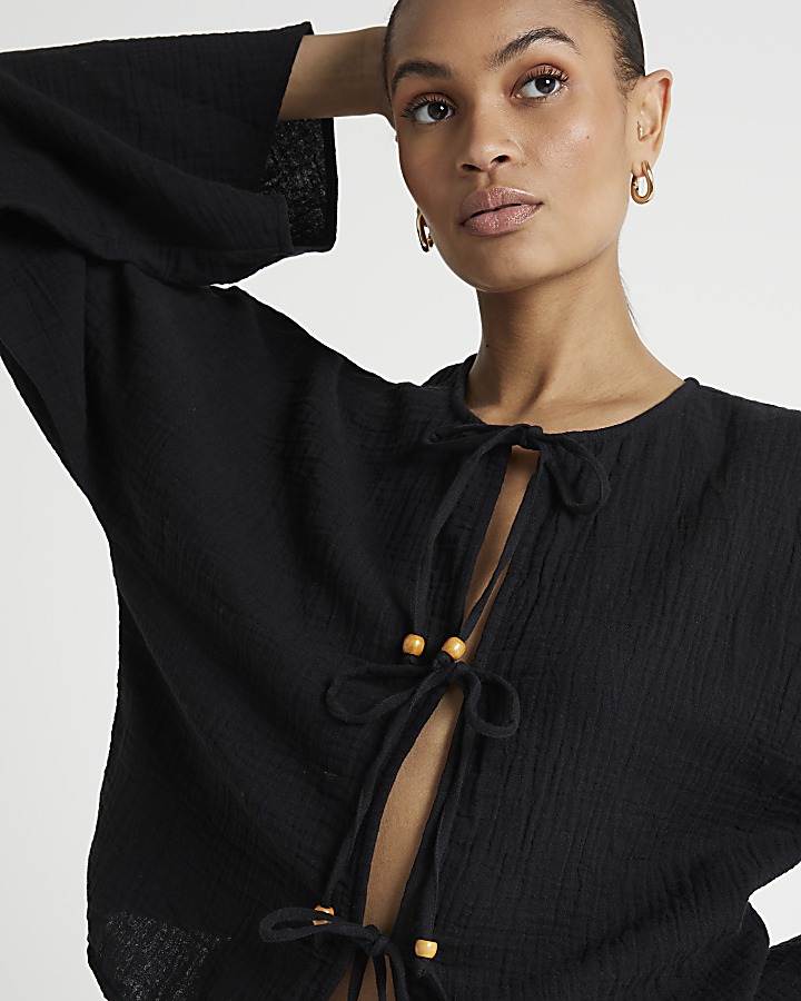 Black textured tie front top