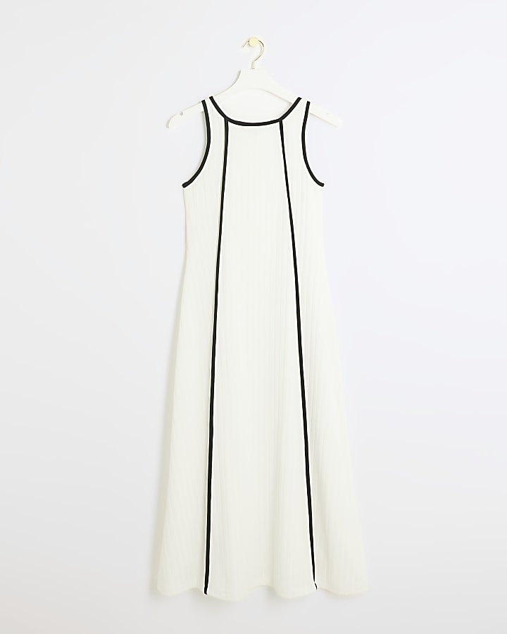 Petite white ribbed taped swing maxi dress