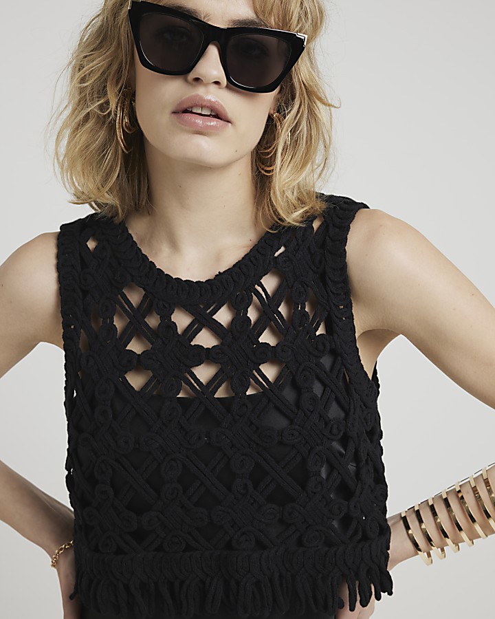 Black crochet vest and slip maxi dress