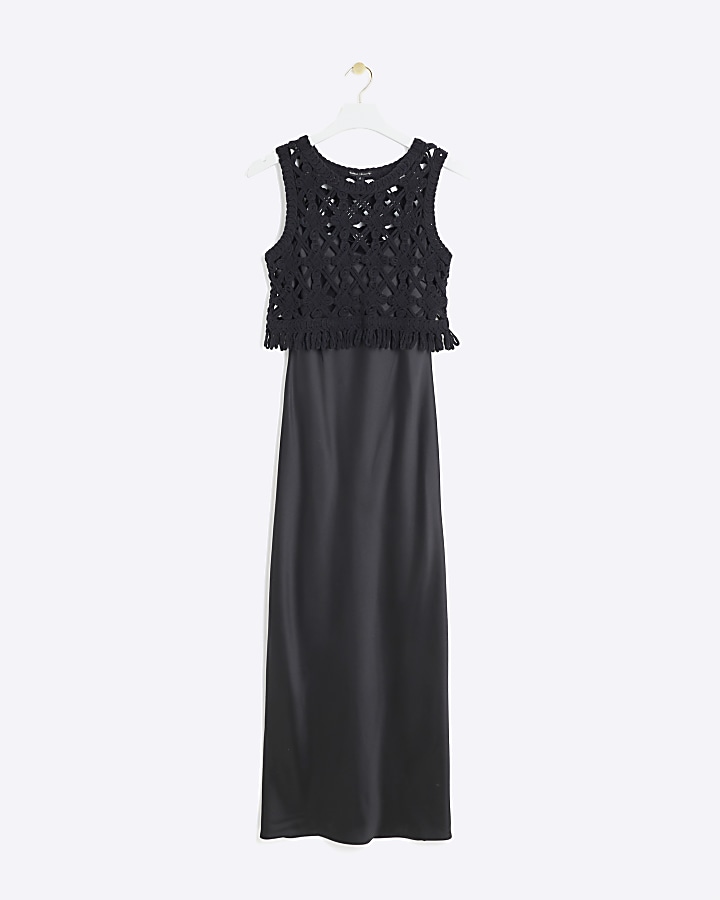 Black crochet vest and slip maxi dress