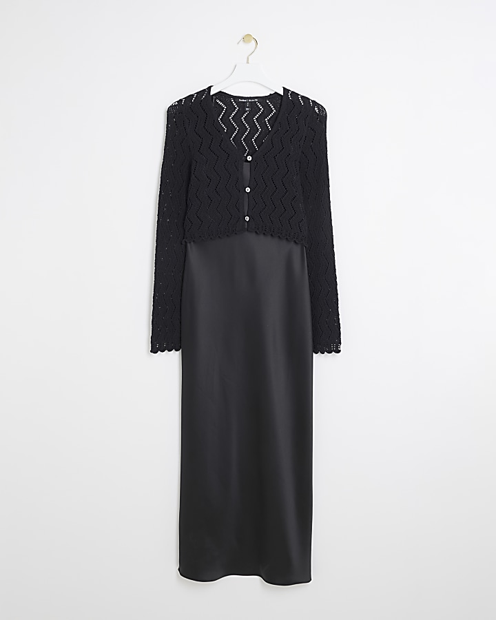 Black crochet cardigan and slip maxi dress