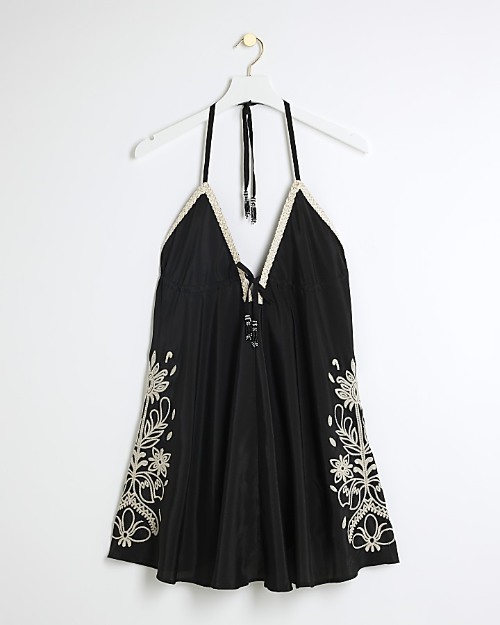 Black embroidered plunge beach mini dress