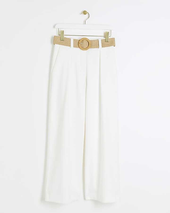 Petite White belted wide leg trousers